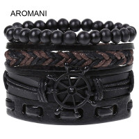 ราคา กำไลข้อมือหนังถักปรับได้สร้อยข้อมือลูกปัดไม้เชือกวินเทจสำหรับผู้ชายและผู้หญิง (3680942423)