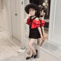 ราคา ชุดผ้าชีฟองเปิดไหล่เสื้อและกางเกงขาสั้นสีบริสุทธิ์สำหรับเด็กหญิง2ชิ้นชุดเสื้อผ้า (7964034784)