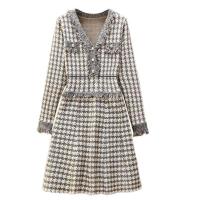 ราคา ฤดูใบไม้ร่วงยาวผู้หญิงขนาดเล็กกระโปรงมีกลิ่นหอมแขนยาวคอวี Houndstooth ชุดลำลองหลวม Streetwear Dress (16333651149)