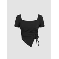 ราคา Cider KPOP Solid Asymmetrical Hem Drawstring Short Sleeve Tee เสื้อครอปแขนสั้นผู้หญิง เสื้อแฟชั่นผู้หญิง ลุคสตรีท (19387860821)