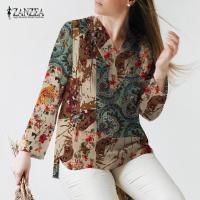 ราคา Stock Womens Cotton Linen V Neck Split Blouse Vintage Printed Long Sleeve Tops 12 Popular (20905218768)