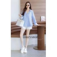 ราคา z101 เสื้อเชิ๊ตคอปกแขนยาวลายทางสีฟ้าขาวปลาบแขนปลอกสีขาวzoozy (21099645054)
