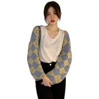ราคา Women Cardigan Sweaters Argyle Top Long Sleeve Open Front Casual T Shirt Colorblock Loose Fit (16573901004)