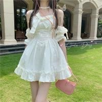ราคา ชุดเดรสสตรีเปิดไหล่สีทึบ ชุดเดรสสายเดี่ยวสีขาวสำหรับผู้หญิง แขนพัฟ กระโปรงทรงเอ เดรสเเฟชั่นคล้องคอ (21065181649)