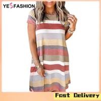 ราคา Yesfashion Store IN stock Fashion Women Short Sleeves Dress Trendy Striped Printed Contrast Color Mid length Skirt Loose Casual Dress (21186670390)