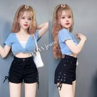 ราคา กางเกงยีนส์ขาสั้นเอวสูงผ้ายืดงานป้ายDADAJeansดีเทลผ่าข้างตอกตาไก่ผูกเชือกแบบเก๋ๆ (16183273562)