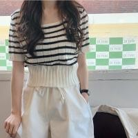 ราคา H H พร้อมส่ง เสื้อไหมพรมแขนสั้น ดีเทลลายทางแขนจั๊มใส่สบาย M2006 C (18703474849)