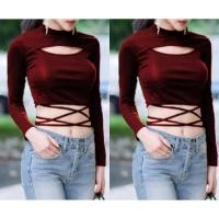 ราคา เสื้อครอปแขนยาวผูกเอว เว้าอก เนื้อผ้าเรย่อน ยืดตามตัว พร้อมส่ง AN49 (14422724356)