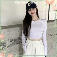 ราคา เสื้อยืดสีทึบเกาหลีสีเขียวน้ำทะเลฤดูใบไม้ร่วงเสื้อครอปเข้ารูปแขนยาวเสื้อผู้หญิงคอกลม (20619341900)