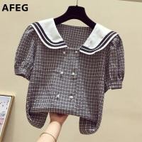 ราคา AFEG เสื้อชีฟองแขนสั้นลายสก๊อตชีฟองเสื้อหลวมเกาหลีใหม่ (15579144237)