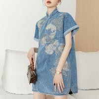 ราคา Joso 2023 Womens Vintage Chinese Style Pan Buckle Qipao Daily Womens Design Sense Small and Fashionable New Chinese Style Embroidered Carp Denim Dress (21351345502)