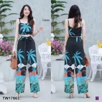 ราคา TW17863 Set 2 ชิ้น เสื้อครอปสายเดี่ยวลายมะพร้าว กางเกงลายมะพร้าว (16168565848)