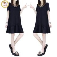 ราคา Women Maternity Dress V neck Short sleeved A line Ruffled Solid Color Comfortable Breathable Stylish Mid length Loose Skirt (20724714733)