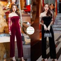 ราคา จั๊มสูทขายาวเกาะอก ผ้ากำมะหยี่ ต่อแขนซีทรู BT Studio (15956326497)