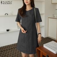 ราคา Esolo ZANZEA ผ้ายีนส์สไตล์เกาหลีของผู้หญิงแขนสั้นคอกลมชุดซันเดรสลำลองใส่ทำงานธรรมดาชุดกระโปรงแบบสั้นมินิ KRS 10 (19623488687)