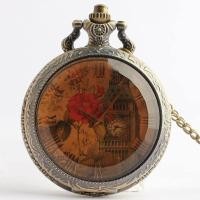ราคา AQUA pocket watch Large Transparent Glass Open Cover Rose Big Ben Clock Tower Fashion Pocket Watch Men And Women Quartz Birthday Gift (20952339503)