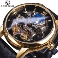 ราคา ForXining หน้าปัด Skeleton Dual Time Zone นาฬิกากลไกสีดำทองสายหนังดวงจันทร์ Tourbillon นาฬิกาข้อมือผู้ชายกันน้ำ (19291104738)