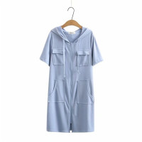 ราคา มีไซส์ใหญ่ Plus Size XL 3XL Womens Hooded Summer Dress Solid A line Patchwork Zipper Up Midi Dresses (8591897813)