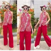 ราคา ชุดเซ็ทตรุษจีน เสื้อแขนกุดคอจีนลายดอก พร้อมกางเกงขายาวผ้าลินิน (21243682454)