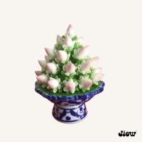 ราคา พานดอกบัวพับกลีบขาวทูโทนดินปั้น ขนาดพาน 3 สูง 4 (8944778186)
