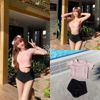 ราคา ชุดว่ายน้ำ 3 ชิ้น เสื้อครอป บราโครงดันทรง กางเกงเอวสูง สีชมพู (21021598658)