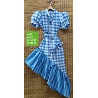 ราคา เดรสผ้าขาวม้า สีฟ้า มัดโบว์คอ ระบายเอียง (21311292794)
