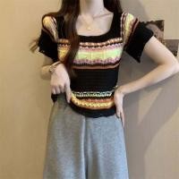 ราคา R023 เสื้อแขนสั้นไหมพรม สีรุ้ง ลายทาง เซ็กซี่ น่ารัก (19457063621)