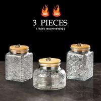 ราคา GF ขวดแก้วใสโหลเก็บอาหารขวดแก้วปิดผนึกลายนูนโบราณภาชนะทรงสี่เหลี่ยมย้อนยุคในครัวเรือนสำหรับเก็บเครื่องปรุงรสบิสกิต (14701019425)