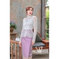 ราคา ชุดไทยทำบุญสวยหรู ชุดไทยออกงาน เสื้อลูกไม้แขนยาว ผ้าถุงสำเร็จรูปการบิน (21294903562)