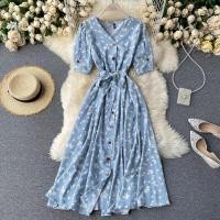 ราคา Puff Sleeve Floral Dress Women Korean V neck High Waist Slim Casual Midi Dresses (13557235763)