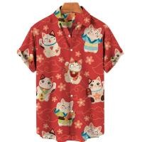 ราคา Summer Cat Print Hawaiian Beach Shirt For Men Plus Size Tops Loose Lapel Button Down Casual Mens Shirts European Size XS 5XL (21128618596)