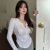 ราคา KOKO เสื้อแขนยาวคอวี เสื้อยืดกระดุมหน้าผ้าร่องสลาฟแขนยาว แฟชั่นสไตล์เกาหลี ทรงเข้ารูป สีทึบ 2595 (21262803725)