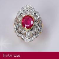 ราคา แหวน ประดับด้วยพลอยทับทิม และเพชร เบลเยี่ยม ตัวเรือนทองคำแท้ 18K สไตล์ หรู โดดเด่น เป็นสง่า พลอยทับทิมสีแดงสด (17269282747)