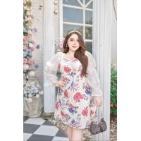 ราคา พร้อมส่ง S 6XL Dress ดอก สีชมพูสวย มากๆ เป็นงานพิมพ์ลาย มีลูกเล่นเหมือนเอาลูกไม้ มาต่อกัน แขนเจ้าหญิง โทนหวานละมุน (19966237682)