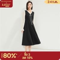 ราคา GIORDANO Women Dresses Fake 2 Piece Ribbon V Neck Smooth Suit Dresses Gentle Ruffle Trims Fashion Casual Dresses 18464202 (21348684565)