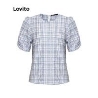 ราคา เสื้อเบลาส์แขนสั้นคอกลม Lovito ลายสก๊อตหรูหราปุ่มกลับ Ruched สำหรับผู้หญิง L47ED061 สีน้ำเงินและสีขาว Lovito เสื้อเบลาส์แขนสั้นลายสก๊อตหรูหราปุ่มกลับ Ruched สำหรับผู้หญิง (20594345841)