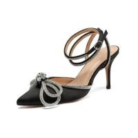 ราคา 2022 Summer New Fashion Rhinestone Fine Heel Sandals Women Cute Pointed Crystal Fairy Wind Pink Bow Tie Diamond High Heels (20033445093)
