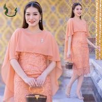 ราคา ชุดเดรส ผ้าลูกไม้ใยบวบ แต่งซีฟองปีกผีเสื้อ ชุดออกงาน ไปวัด ทำบุญ สีพีช (21383868428)