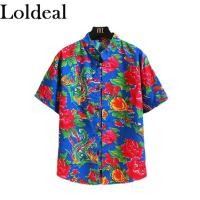 ราคา Loldeal เสื้อเชิ้ตแขนสั้นผ้าแจ็คการ์ดกระดุมแถวเดียวดีไซน์หัวเข็มขัดแบบจานวินเทจ (17673822878)