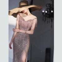 ราคา ชุดเดรสตอนเย็นงานเลี้ยงปักเลื่อมไล่ระดับสีสุดหรูมีแขนพู่ชุดจัดงานแต่งงานอาหารค่ำรายปีชุดสตรีทรงหางปลาเข้ารูป (20523286641)
