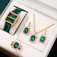 ราคา J Ladies Fashion Temperament Crocodile Pattern Belt Emerald Small Square Diamond Jewelry Suit 5 Pcs Set (21145056599)
