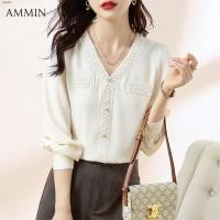 ราคา AMMIN สไตล์เกาหลีแขนยาวผู้หญิง Retro V คอลูกไม้เสื้อชีฟอง2023ใหม่เสื้อแฟนเกาหลีชีฟองระบายลูกไม้เสื้อผ้าชีฟอง (17740091018)