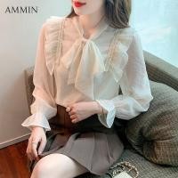 ราคา AMMIN เสื้อชีฟองแขนยาวแต่งระบายสไตล์เกาหลีเสื้อชีฟองแฟชั่นสไตล์ใหม่เสื้อผูกโบว์และแขนบานสำหรับผู้หญิง (15720055245)