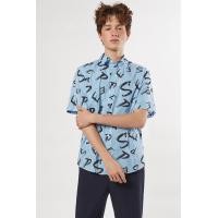 ราคา ESP เสื้อเชิ้ตแขนสั้นลายทาง ผู้ชาย สีฟ้า Stripe and Text Print Shirt 03835 (21305444201)