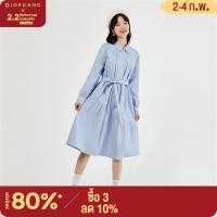 ราคา GIORDANO Women Dresses Tie Waist Diagonal Seams Cotton Shirt Dresses Long Sleeve Half Button Fashion Casual Dresses 18463004 (20242073080)