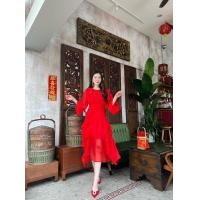 ราคา DIREPA SM9695 เดรสยาวผ้าชีฟอง ระบายปลายกระโปรง สีแดงสดสวยมากใส่สบายไม่ร้อน (21297226439)