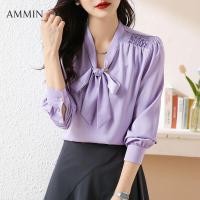 ราคา AMMIN เสื้อกับโบว์หูกระต่ายคอวีสีม่วงอ่อนมาใหม่สำหรับฤดูใบไม้ร่วง2023เสื้อชีฟองแขนยาวลูกปัดแต่งระบายสำหรับฉบับภาษาเกาหลีของผู้หญิงเสื้อเบลาส์หรูหราสำหรับคนเดินทางสีทึบเรียบง่าย (19948686174)