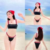 ราคา บิกินี่สีดำ สายยางยืดสีแดงลายทางขาวดำ (21021400965)