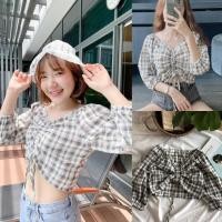 ราคา เสื้อผ้าคอตตอนลายสก๊อตแต่งรูดเชือกด้านหน้า แขนยาวทรงบอลลูน ใส่ได้ทั้งเปิดไหล่และปิดไหล่เลยค่า (13157848442)