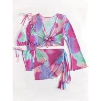 ราคา ชุดว่ายน้ำ 4 ชิ้น bikini เสื้อคลุม ผ้าคลุม ลายมัดย้อมสีคราม (21026083891)